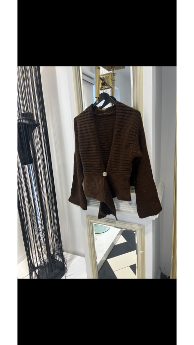 Kahverengi Gold Düğme Detay Hırka