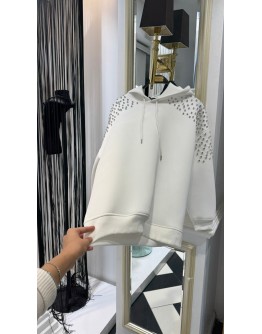 Taşlı Kapüşonlu Beyaz Sweat