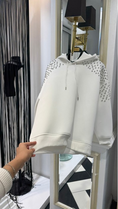 Taşlı Kapüşonlu Beyaz Sweat