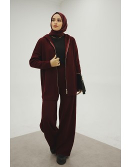 Triko Kapşonlu Bordo Takım