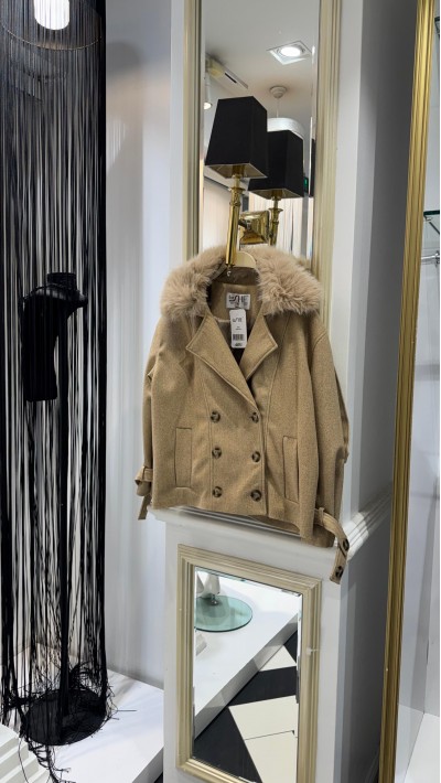 Kürk Yaka Trenç Mont Bej