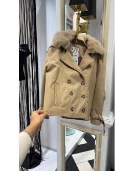 Kürk Yaka Trenç Mont Bej